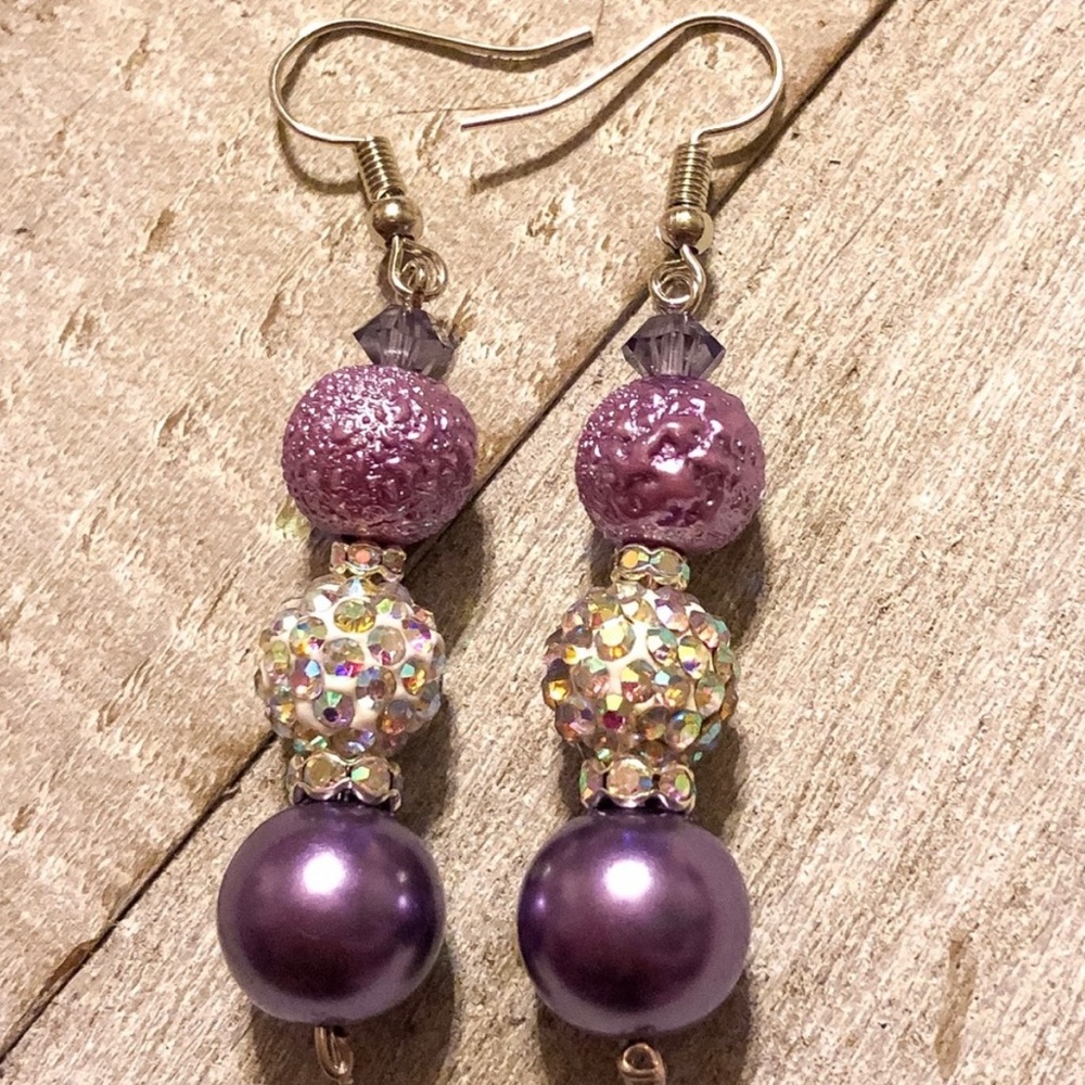 Purple Sparkly Rhinestone Bead Dangle Earrings